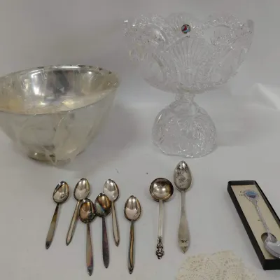 Crystal Footed Bowl, Silver Plate Bowl and Spoons, Small Trinkets