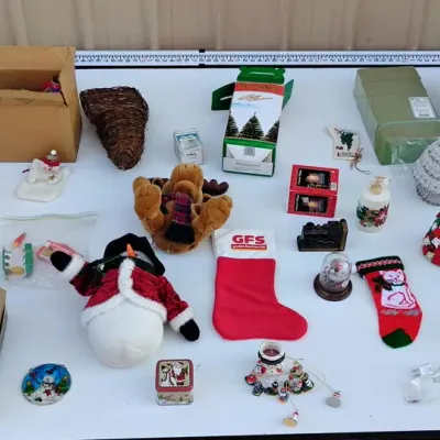 Assorted Christmas Decorations, Ornaments, Stockings, and Craft Supplies
