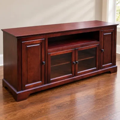 Like New Cherry Finish Entertainment Center TV Console with Glass Doors, Cabinets & Shelves - Potterville