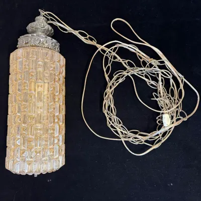 Vintage Amber Iridescent Prism Cut Glass Swag Pendant Lamp