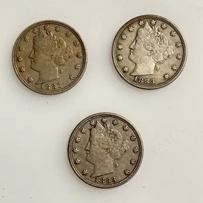 Lot of 3  - 1883 "No Cents" Variety - First Year Liberty V Nickels