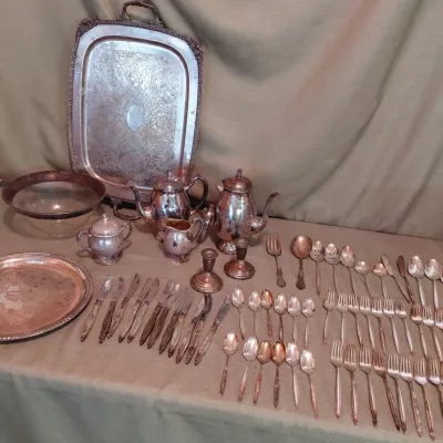Large Silver Plate Collection- Silverware, Trays, Coffee Pot, Teapot, Sugar and Creamer, Platters...