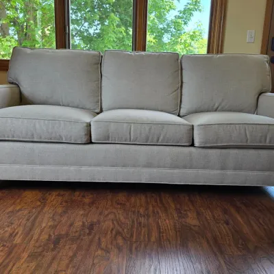 Cream Color Linen and Flax Upholstered 3 Cushion Sofa with Bun Feet