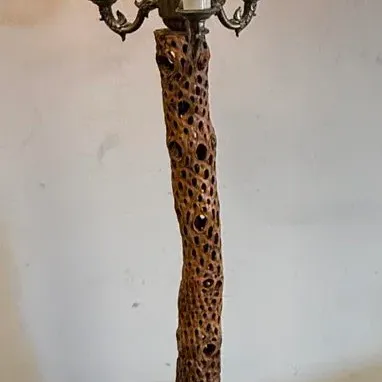 Vintage Cholla Cactus Wood Floor Lamp with Smoking Stand Table and Glass Shade