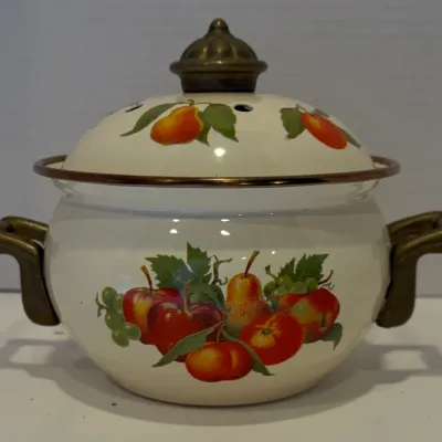 Sale Photo Thumbnail #31: Vintage Enamelware Simmer Potpourri Pot w/Harvest Fruit Design - Pristine Condition