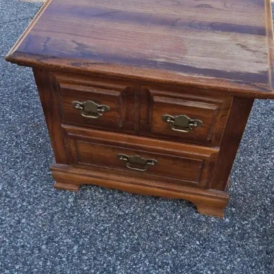 Vintage MCM Wooden Nightstand w/ 2-Tier Drawer Layout and Brass Toned Hardware