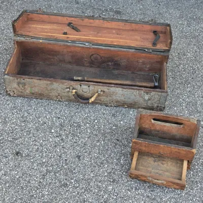Two Vintage Wooden Tool Boxes - Primitive Carpenter Totes, Rustic Shop and Farmhouse Decor