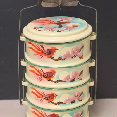 Vintage 4-Tier Enamel Tiffin Food Carrier with Bird and Blossom
