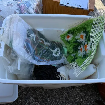 Vintage Caron Latch Hook Kits, Assorted Knitting Yarn, and Cross Stitch Supplies Craft Tote Lot