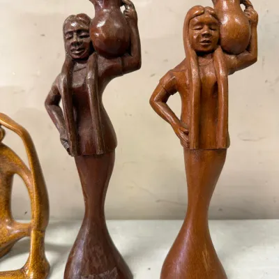 Vintage Hand-Carved Wood Monkey and Water Bearer Figurines Lot of 4