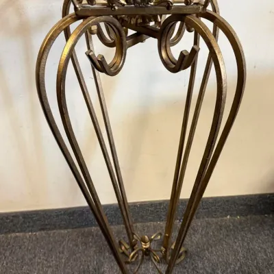Vintage Gold-Tone Metal Plant Stand with Hand-Painted Floral Tile Top