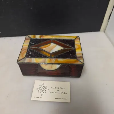 Signed C. Perkins Stained Slag Glass Hinged Trinket Box 5 in.
