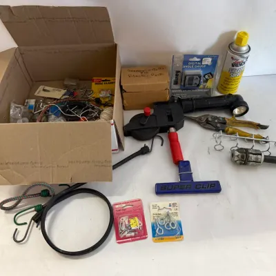 Hardware and Tools Lot: Wiss Snips, Digital Angle Gauge, Silicone Spray and Assorted Fasteners
