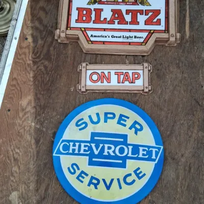 Sale Photo Thumbnail #16: Vintage Plastic Blatz Beer Sign w/ Metal Chevrolet Sign