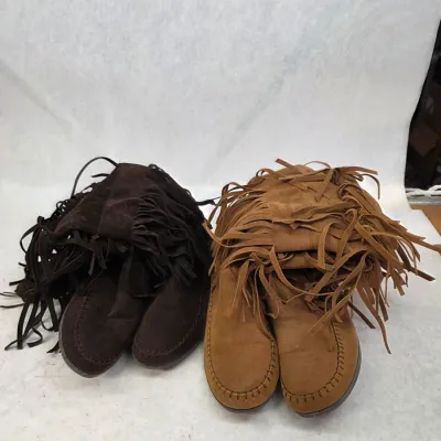 2 Pair of Sued Minnetonka 3-Layer Fringe Boots in Tan and Brown Women's 8 and 8.5