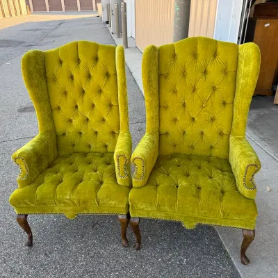 Vintage Traditional Queen Anne Style Button Tufted Wingback Chairs, Chartreuse Velvet Pair