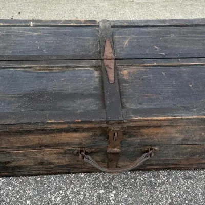 Vintage Wooden Tool Chest: Dark Wood Storage Box with Hinged Compartments and Metal Hardware