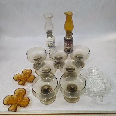 Collection of 7 Vintage Smokey-Amber Footed Pedestal Glasses and More!