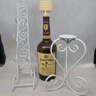 Vintage Seagram's 7 Crown 1-Gallon Whiskey Bottle w/ Metal Wine Rack and Metal Candle Holder