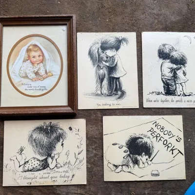 Vintage 1970s Greeting Cards and Coby Framed Baby Print