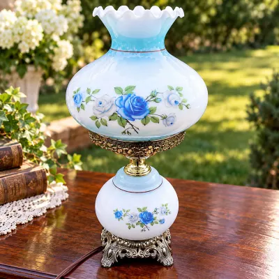 Vintage Blue & White Milk Glass Hurricane Lamp with Ruffled Shade, Roses & Ornate Metal Base - Potterville