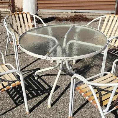Vintage Patio Table and Four Strap Chairs Set