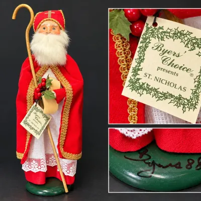 Byers' Choice 1988 Signed St. Nicholas Christmas Caroler Red Robe, Staff & Original Tag - Potterville
