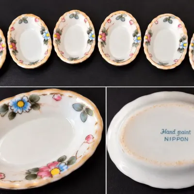 Antique Nippon Hand-Painted Floral Porcelain Butter Pats Set of 6, c. 1900-1921 - Potterville