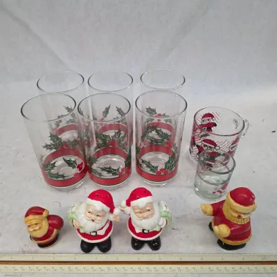 Small Collection of Christmas Themed Glassware and Mini Santas
