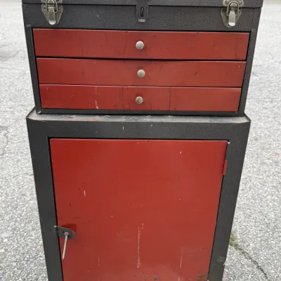 Vintage Rolling Metal Tool Chest with Contents: 3-Drawer Top Box and Lower Cabinet
