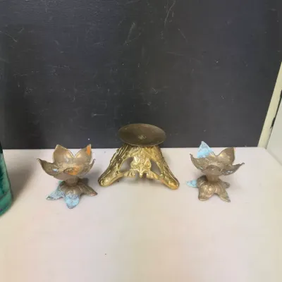 Pair of Italian Brass Leaf Candle Holders and Gilt Pedestal Base