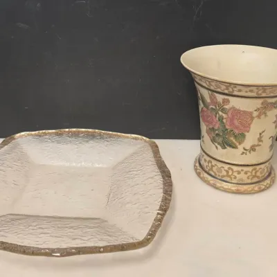 Art Glass Gold Speckled Dish and Gold Trimmed Ceramic Vase
