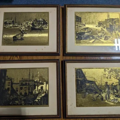 Lot of 4 Framed Gold Impression Art, Signed & Named Individually Lionel Barrymore, 8"x11" - Estate Sales Warehouse (GR)