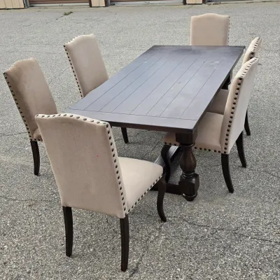 Farmhouse Trestle Dining Table with 6 Upholstered Nailhead Parsons Chairs