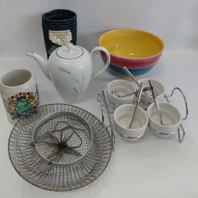 Miscellaneous Kitchen Supplies- Large Fruit Bowl, Coffee Pot - Silver Wheat, Stein, Condiment Server