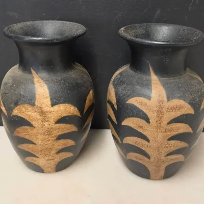 Pair of Hand-Painted Black and Tan Pottery Vases, Leaf Motif
