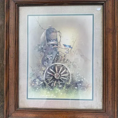 Vintage Framed Bluebird Nest in Mailbox and Wagon Wheel Print