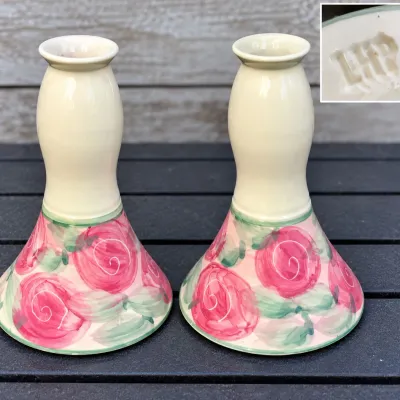 Linden Hills Pottery Hand-Painted Pottery Pink Rose Candlesticks Matching Pair - Potterville