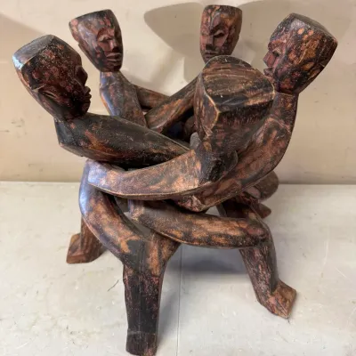 Hand-Carved Wooden 5-Head Interlocking Unity Stand from Africa