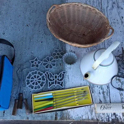 Small Collection of Vintage Kitchenware's Including a Fondue Pot, Fondue Sticks, Tea Kettle and More