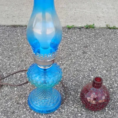 Vintage Blue Glass Oil Lamp and Red Mosaic Lamp Set