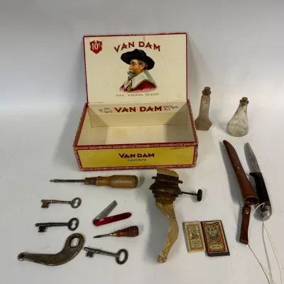 Vintage Van Dam Cigar Box & Assorted Antique Tool Lot #3