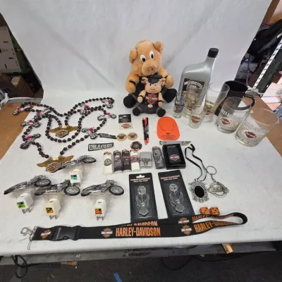 Collection of Harley-Davidson Mugs, Glasses, Plushies, Necklaces, and More!