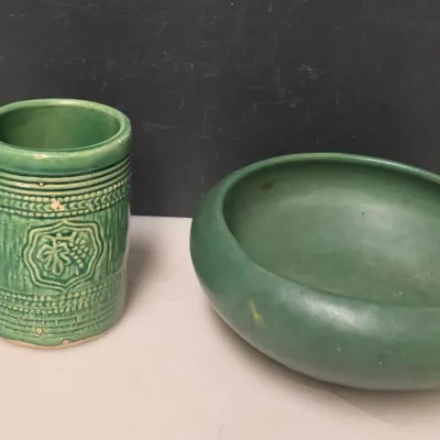 Matte Green Pottery Bowl and Embossed Grape Stoneware Mug
