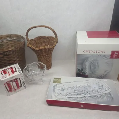 Sale Photo Thumbnail #91: Small Collection of Mikasa Crystalware w/ 2 Wicker Baskets