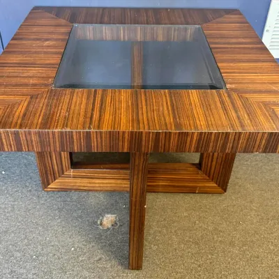 Vintage Zebrawood Veneer Accent Table with Inset Glass Center