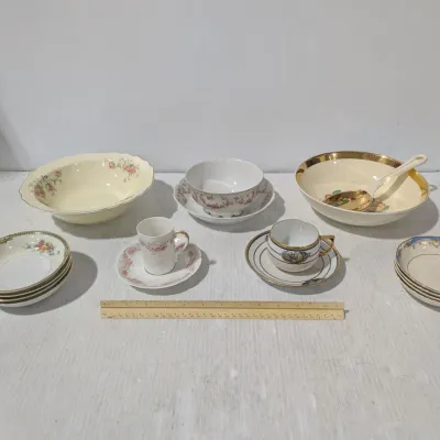 Assorted China & Porcelain Dish Lot: 2 Tea Cups, Bowls, Small Plates/Dishes, Refer To Photos - Estate Sales Warehouse (GR)
