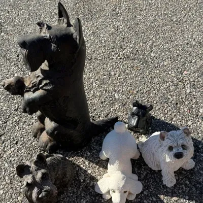 Vintage Cast Iron Scottie Dog Doorstop, Terrier Coin Bank, and Figurine Lot