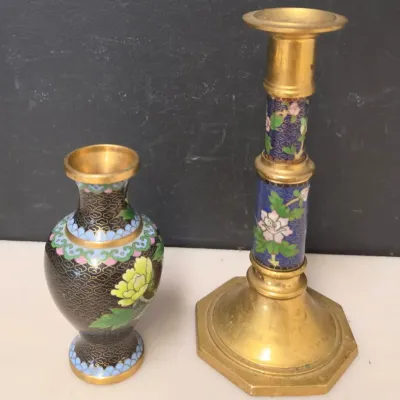 Chinese Cloisonne Candlestick and Peony Vase, Brass, 2 Pieces