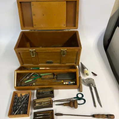 Vintage Wooden Toolbox Lot: Tap & Die Sets, Precision Hand Tools & Drafting Accessories